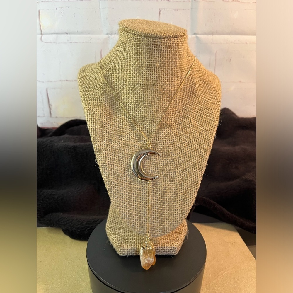 Brazilian Natural Citrine Moon Necklace or Sun Hanger 22-24” in Goldtone 35.50ct